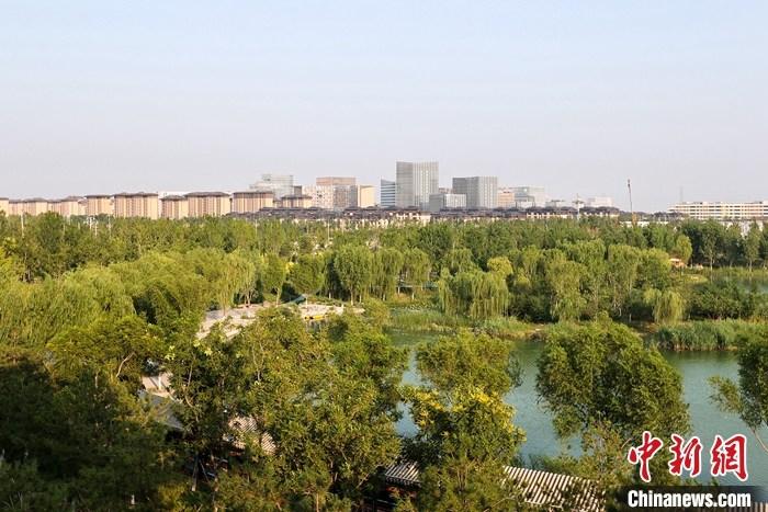 從完成頂層設(shè)計(jì)到如火如荼大規(guī)模建設(shè)，六年來，雄安新區(qū)如春天的竹子一般拔節(jié)生長(zhǎng)，這座承載千年大計(jì)的“未來之城”已雄姿初顯。從“一張白紙”開始著墨，如今的雄安新區(qū)已是濃墨重彩的“山水畫”。<a target='_blank' href='/'>中新社</a>記者近日走訪了雄安新區(qū)多地，從“藍(lán)綠金”三色感受這座“未來之城”的巨大變化。圖為7月18日拍攝的河北雄安新區(qū)金湖公園。 <a target='_blank' href='/'>中新社</a>記者 易海菲 攝